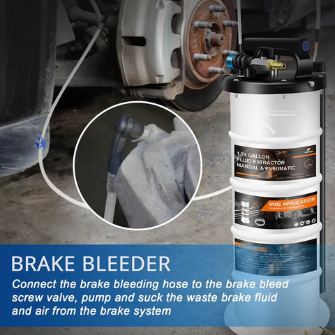 6.5L Pneumatic And Manual Oil Extractor Pump Kit with vacuum change evacuator and brake bleed hose in use on vehicle brakes