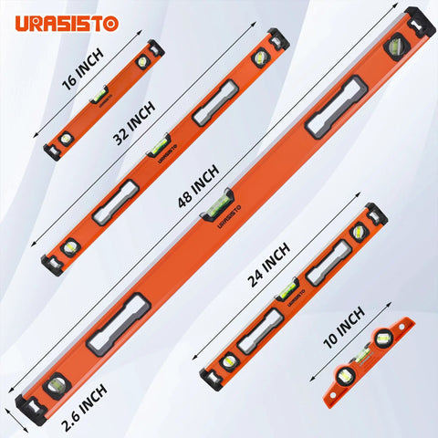 Five Piece Badass Spirit Level Set With Magnetic Torpedo Grip, Rock Solid Aluminum Bubbles For Construction, Framing And Renovation Crews, Packaged In 10 16 24 32 48 Inch Sizes With Rugged Nylon Tool Bag
