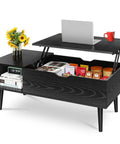 Wood Lift Top Coffee Table With Hidden Compartment And Large Storage Shelf Elevates To Dining Or Desk Height For Living Room And Home Office Slick Black Finish, showing lift-top with laptop and storage space.