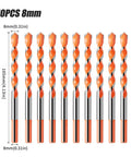 Pro Grade Tungsten Carbide Drill Bit Set With 10 Piece Triangle Masonry And Tile Core Hole Openers For Concrete Wood And Stone Drilling Built Like A Tank So You Can Absolutely Nail Every Job, 10 pieces, 8mm diameter, orange tips.