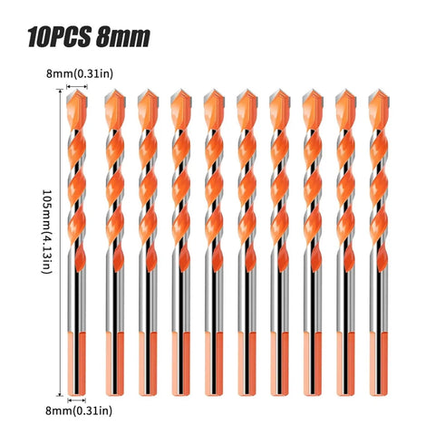 Pro Grade Tungsten Carbide Drill Bit Set With 10 Piece Triangle Masonry And Tile Core Hole Openers For Concrete Wood And Stone Drilling Built Like A Tank So You Can Absolutely Nail Every Job, 10 pieces, 8mm diameter, orange tips.