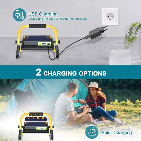 Built Tough LED Construction Spotlight And Work Light With 8000 Lumen Brightness 13500mAh Battery Solar Or USB Recharge shown charging via USB and solar panels.