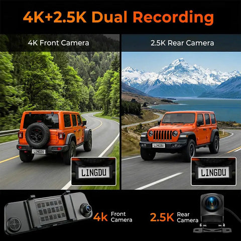 12 Inch Mirror Dash Cam With Crystal Clear 4K UHD Front And 2.5K Rear, Game Changing ADAS Warnings, GPS, G Sensor shown with orange Jeep