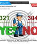 Illustration comparing 321 and 304 stainless steel, highlighting durability with cartoon character approval for 321 steel.
