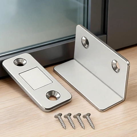 Ultra Slim Invisible Magnetic Door Catch 2 Pack Adhesive Mount for cabinets and drawers shown with screws on wooden surface