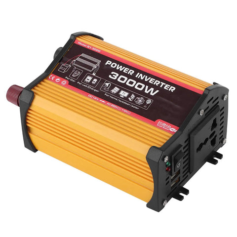 Road Ready Car Power Inverter Handles 12V DC Straight To 110V AC With Dual USB Fast Charging Smooth Modified Sine Wave For Rvs Trucks And Home Gear Zero Hassle Cool Running Fan, 3000W yellow aluminum casing.