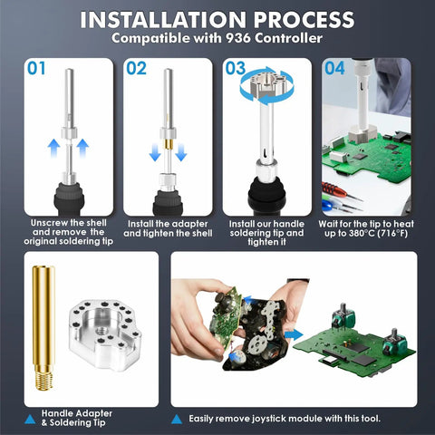 Multi Pin Controller Soldering Iron Tip Kit With TS100 And 936 Adapters, Chrome Plated Copper Tips For Fast Heat Transfer And Precision Alignment, Gamer Grade Desoldering For PS5 PS4 Xbox Series X And S Xbox One And Switch Controllers. Installation process diagram for 936 controller