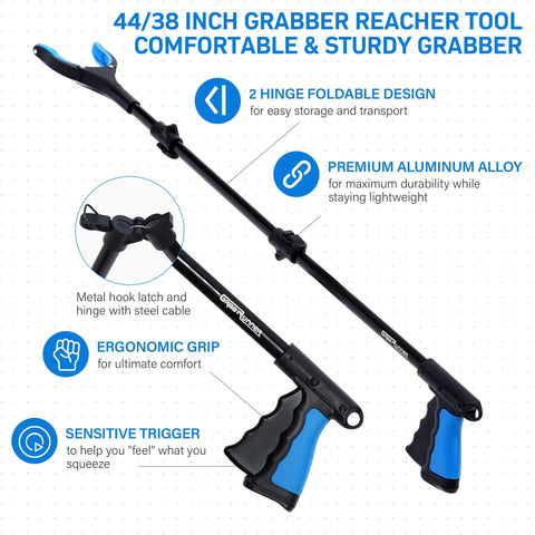 Side view of two blue GrabRunner 38/44 inch grabber reacher tools with foldable hinges