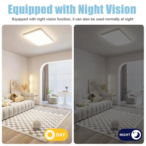 Visible Ceiling Mount Indoor WiFi Camera 1080P HD for Baby Pet Elderly Monitoring showing day and night vision in living room