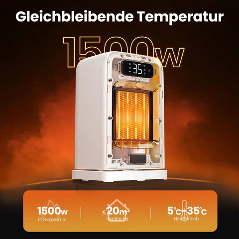 All In One Indoor Space Heater With 1500W Max displaying heating element and temperature setting on LED