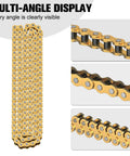Gold mini bike chain with metal links, shown in multiple angles.