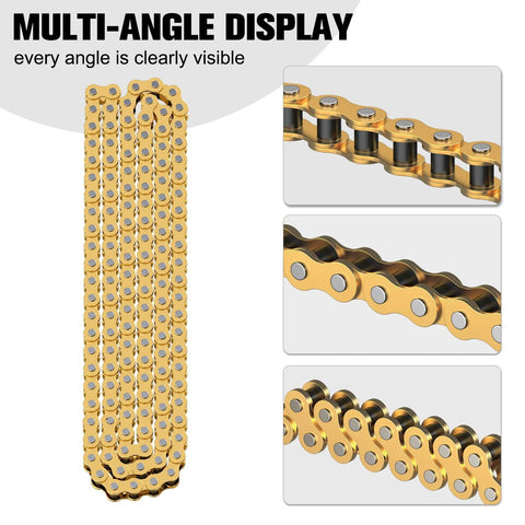 Gold mini bike chain with metal links, shown in multiple angles.