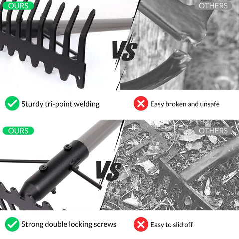 Comparison of 5.4 Foot Bow Rake Pro Grade Heavy Duty Garden Rake With Stainless Steel Handle And 17 Steel Tines, highlighting advantages.