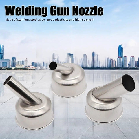 Three Pack 45 Degree Bend Heat Gun Nozzle Set Stainless Steel Desoldering Nozzles For Soldering Station displayed on a cityscape background.