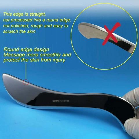 Stainless Steel Gua Sha Muscle Scraper Tool with polished and unpolished edge for deep tissue release and fascia work.