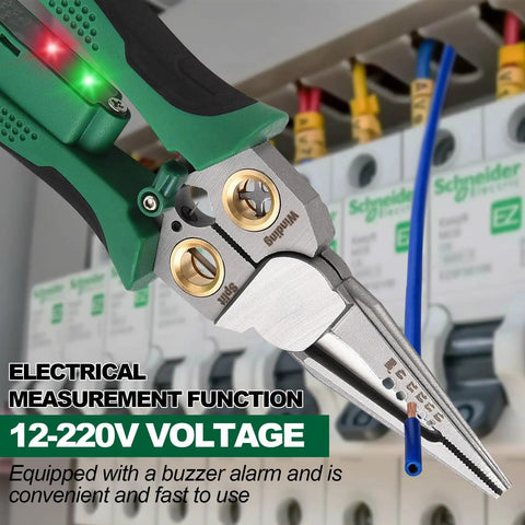 Premium Quality 8 In 1 Electrician Wire Stripper With Digital Voltage Tester For Auto Wiring Home Upgrade Cable Crimping Cutting No Sweat Essential Workhorse Tool, showing 12-220V voltage measurement function.
