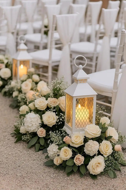 Farmhouse 12 Piece Lantern Set With 10 Inch Decor Lanterns Flameless LED Candles And 5 Hour Timers at a wedding aisle