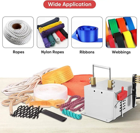 Compact Electric Rope Cutter For Webbing And Fabric Fast One Click Cutting And Sealing Hot Knife Tool on a workbench with ropes