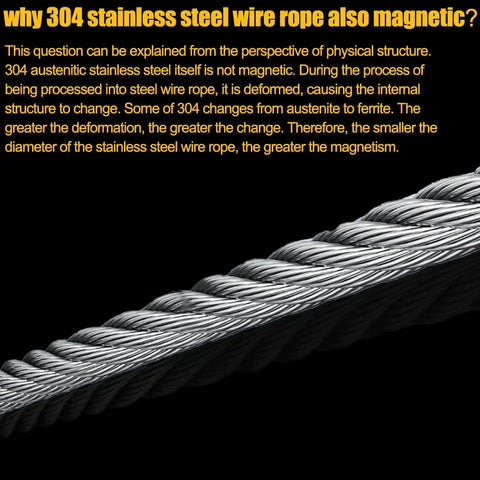 Close-up of 304 stainless steel wire rope, showing silver finish and twisted strands, with text on magnetic properties above.