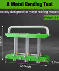 Pro-Grade Metal Bending Tool Set for standing seam roofing, green and silver, showing dimensions and weight.