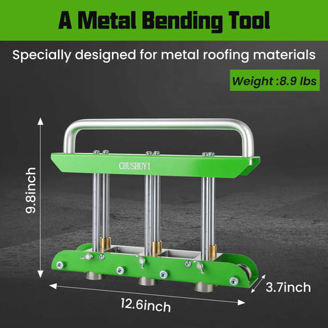Pro-Grade Metal Bending Tool Set for standing seam roofing, green and silver, showing dimensions and weight.