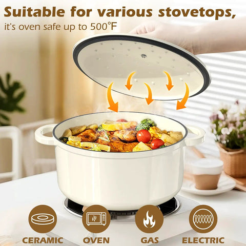 Cream White Enameled Cast Iron Dutch Oven 5 Quart With Lid And Cotton Potholders Versatile Heavy Duty Cookware For Bread Baking Braising Stews And Roasting on stovetop with food inside.