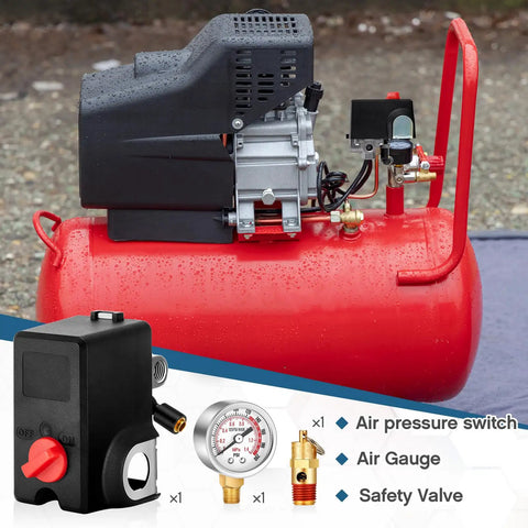 Close-up of Go To Air Compressor Pressure Switch Kit 26 Amp 120/240 Volt With 120 155 PSI Setting, 0-200 PSI Gauge, relief valve