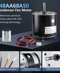 Heavy Duty Replacement Condenser Fan Motor 1/4 Hp At 850 Rpm 208 Through 230 Volt AC Blower with copper winding and spade connectors.