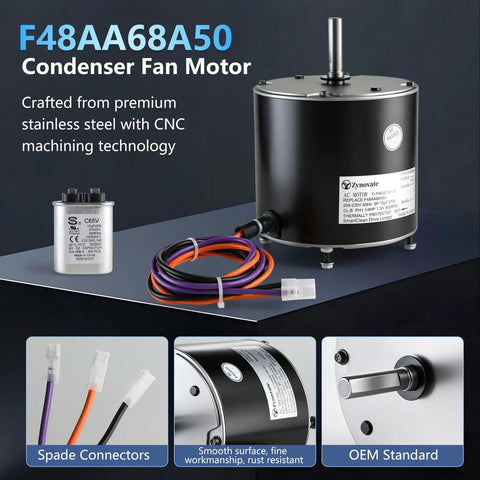 Heavy Duty Replacement Condenser Fan Motor 1/4 Hp At 850 Rpm 208 Through 230 Volt AC Blower with copper winding and spade connectors.