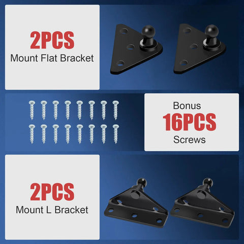 Image of 10mm Ball Stud Gas Strut Mounting Bracket Heavy Duty Kit With 2 Pieces L Type And 2 Pieces Flat Type And 16 Screws For Universal Gas Springs Fits 10mm Connectors showcasing flat and L brackets with screws.
