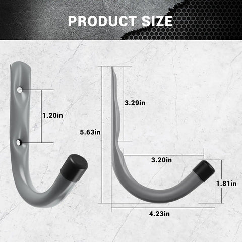 Dimensions of 12 Pack 4Inch Heavy Duty Garage Wall Hooks Steel J Hooks For Tools, featuring measurements and rubber tips.