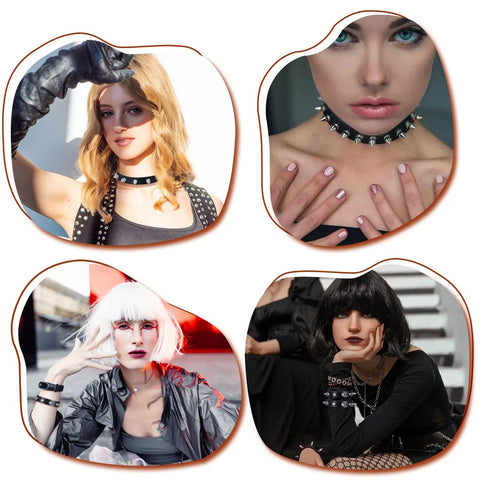 Dope Three Piece Leather Punk Set Featuring Spiked Gothic Choker And Dual Studded Wristbands For Savage Street Style Rock Edge Heavy Metal Fits Perfectly showcased on models in punk-style outfits.