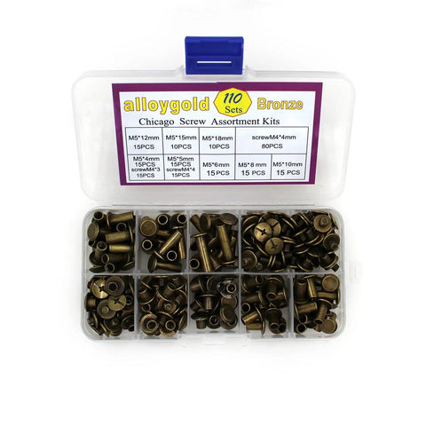 Heavy Duty Round Head Stud Leather Screws And Assorted Rivets Kit With 110 Pieces in bronze tone displayed in organizer.