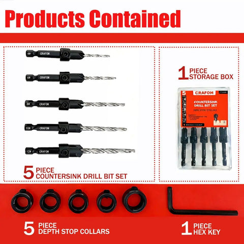 Image of Must Have Countersink Drill Bit Set For Woodworking, 5 Pc Adjustable Counter Sink Bits In Sizes 4 6 8 10 12, M2 High Speed Steel.