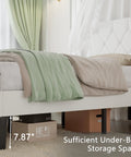 Twin Size Upholstered Platform Bedframe With Iconic Button Tufted Linen Headboard, showing under-bed storage space.