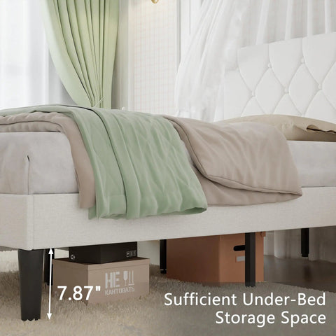 Twin Size Upholstered Platform Bedframe With Iconic Button Tufted Linen Headboard, showing under-bed storage space.