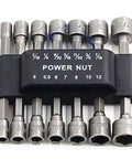 PANOVOS 14-piece power nut driver set with metric sockets and 1/4in drive hex keys in a black holder