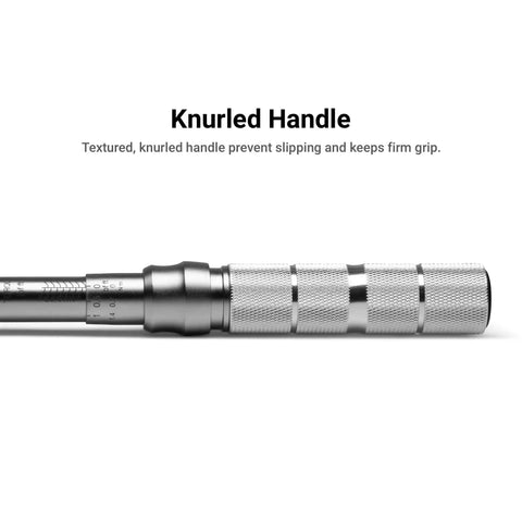 Knurled handle of Industrial Three Eighth Inch Drive Torque Wrench With 15 To 75 Ft Pound Range Dual Scale Readouts Matte Chrome Finish