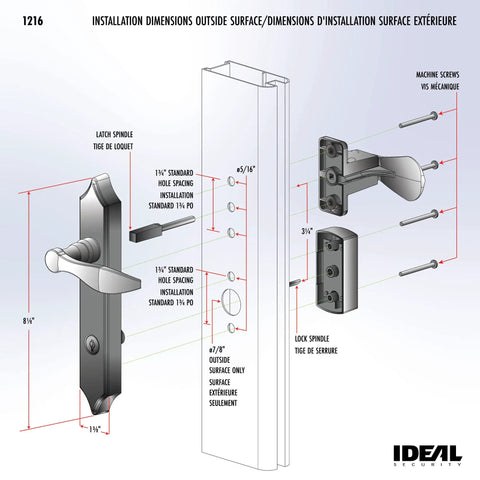 Storm Door Handle With Lock And Key Surface Mount Lever Replacement dimensions guide in satin silver, 1–1.5 in doors