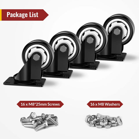 Pack of 4 heavy duty 3 inch swivel caster wheels with screws and washers for smooth mobility on wood and concrete surfaces.