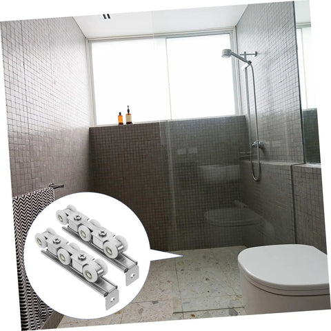 Super Smooth Sliding Barn Door Track Roller System With Heavy Duty Wheels For Kitchen Pantry Bathroom Room Divider Easy Install Rock Solid Iron Mount, metal rollers in a modern bathroom setting.