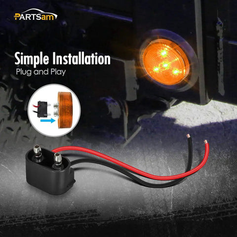10 Amber 2 Inch Round Sealed LED Clearance Marker Light Kit With Four LEDs installed on a trailer, showing wiring and grommet