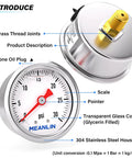 Stainless Steel Liquid Filled Pressure Gauge 0 To 30 Psi With 1/8 NPT Connection, 1.5 Inch Dial, and Glycerin Fill for Vibration Damping