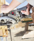 Professional Grade Hardcore 15 Amp Worm Drive Circular Saw With 8 1/4 Inch Blade and Smooth Anti Snag Guard in action cutting wood.