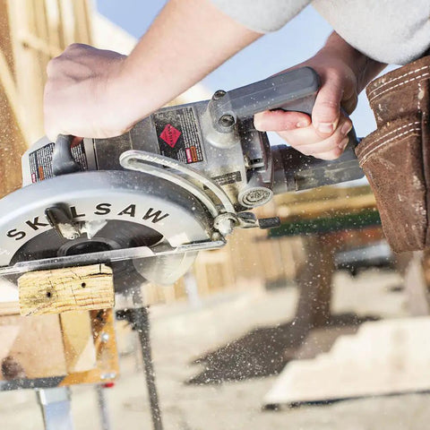 Professional Grade Hardcore 15 Amp Worm Drive Circular Saw With 8 1/4 Inch Blade and Smooth Anti Snag Guard in action cutting wood.