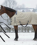 2 Pack Horse Blanket Leg Straps Adjustable Elastic with Double Swivel Snaps Replacement 24 to 42 Inches on horse in snow.