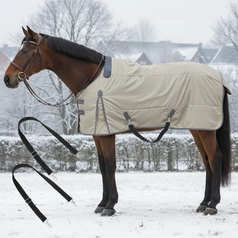 2 Pack Horse Blanket Leg Straps Adjustable Elastic with Double Swivel Snaps Replacement 24 to 42 Inches on horse in snow.