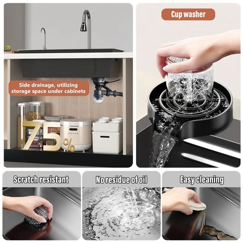 Image showing stainless steel kitchen sink 76 x 50 cm with 360° swivel faucet and cup washer, featuring side drainage.