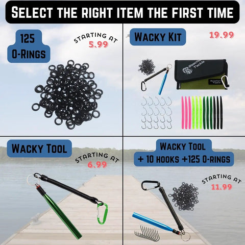 Wacky Rigging Bass Fishing Tool for Wacky and Neko Styles with Camo Finish includes 125 O rings and 10 bonus hooks displayed.