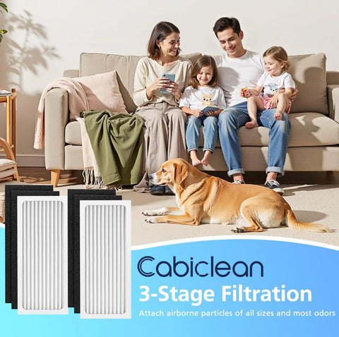 Family with dog and Two Pack Replacement Filter Compatible With 04383 04384 04385 04386A Air Purifier displayed on floor